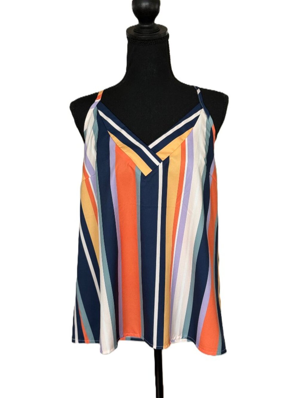 SHEIN | Striped Criss Cross Satin Tank | Navy Orange Yellow White | XL